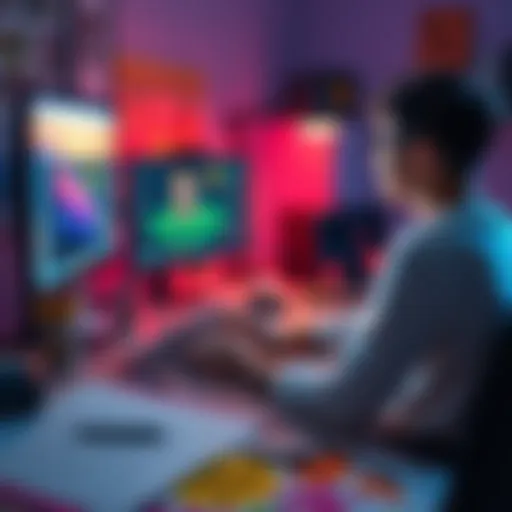 A person sitting at a desk, focused on animating a character on their computer screen, surrounded by colorful sketches and tools.