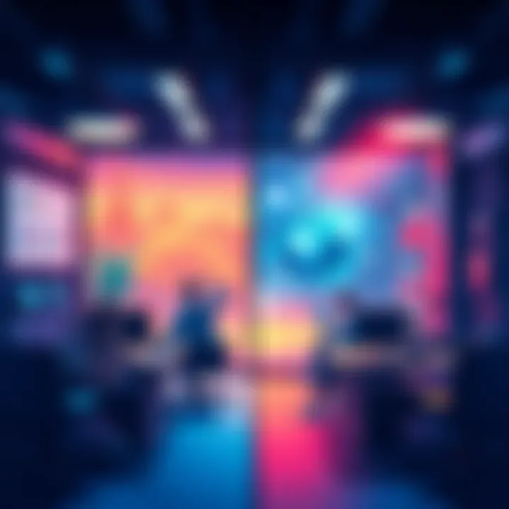 Illustration showing a split between an in-house animation studio and an outsourced team working on animation projects, depicting collaboration and creativity.