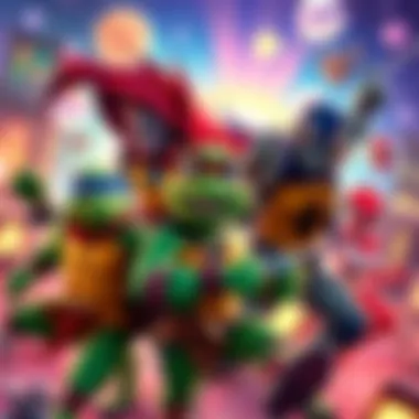 A colorful scene showcasing characters with unique animation styles influenced by TMNT and Spiderverse, featuring vibrant backgrounds and dynamic action poses.