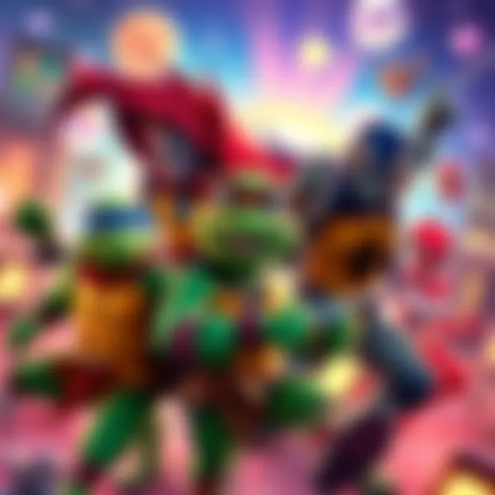 A colorful scene showcasing characters with unique animation styles influenced by TMNT and Spiderverse, featuring vibrant backgrounds and dynamic action poses.