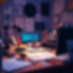 An animator works on a desk surrounded by sketches and digital tools, focused on crafting a hand-drawn animation loop.