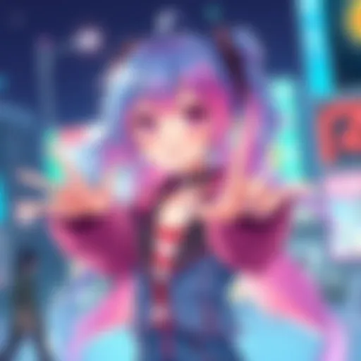A vibrant anime femboy character designed in Y2K style, featuring colorful hair and trendy clothing, striking a playful pose.