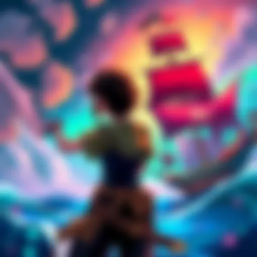A colorful illustration of a video game character inspired by anime, holding a sword and facing a pirate ship in a vibrant sea setting.