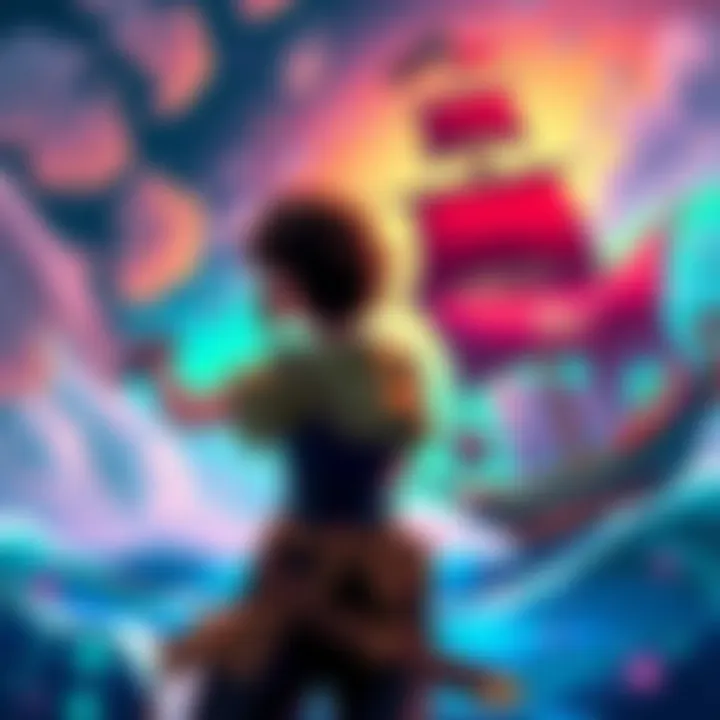 A colorful illustration of a video game character inspired by anime, holding a sword and facing a pirate ship in a vibrant sea setting.