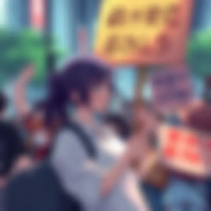 A generic anime-style girl character holding a protest sign, surrounded by a crowd of people at a demonstration.