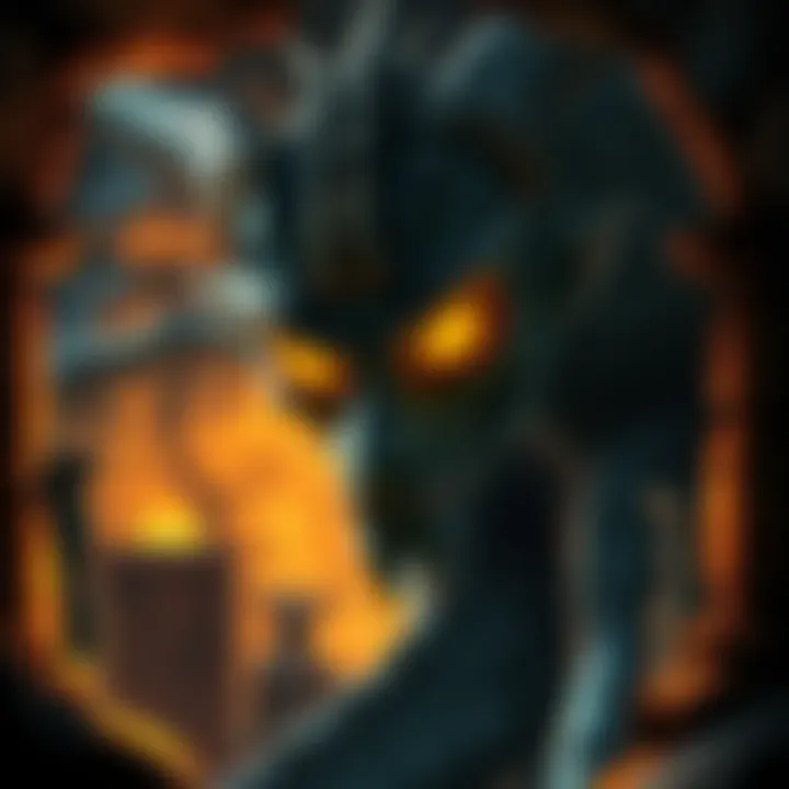 A closeup of a Gorgon with glowing yellow eyes, surrounded by stone statues in a dark cave, showcasing a mix of beauty and fear.