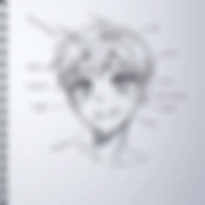 A sketch of an anime-style head with tips written around it, showing facial features and expressions