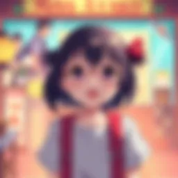Colorful anime scene showing Miss Ayako with playful expressions and retro-style backgrounds