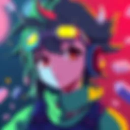 A vibrant pixel art character designed in anime style, showcasing bright colors and unique features.