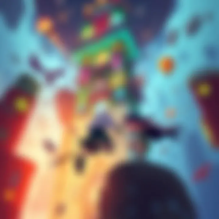 Two characters battle in a colorful tower filled with adventure elements and unique abilities.