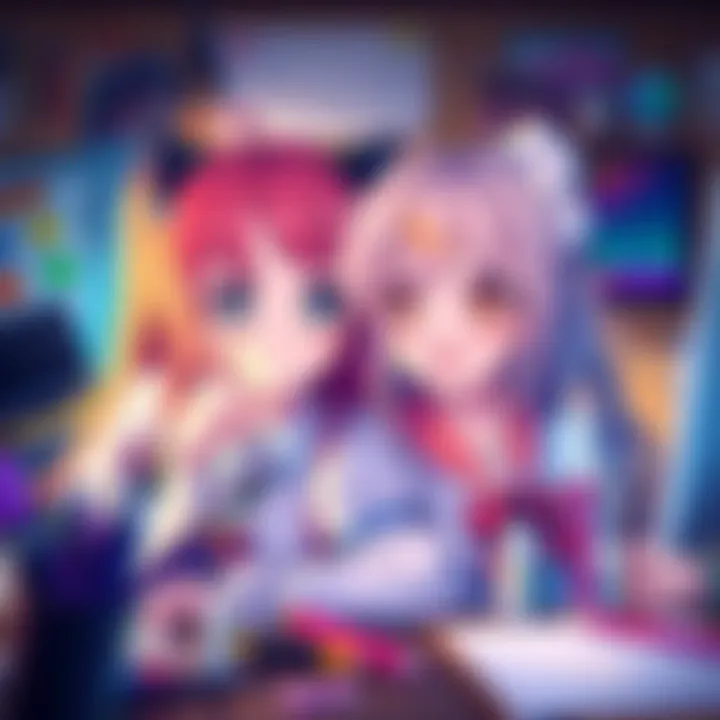 A vibrant illustration of two anime waifus with bright hair and expressive eyes, surrounded by digital art tools and a backdrop of traditional art supplies.