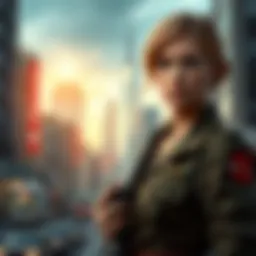 Annie Leonhart stands confidently with a focused expression, wearing her military uniform, showcasing her strong character traits, surrounded by a blurred cityscape background.