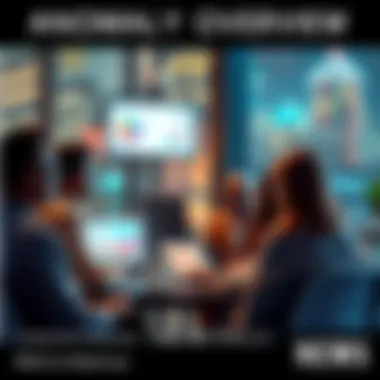 A group of diverse people discussing unusual events in a modern office setting, with charts and graphs displayed on screens