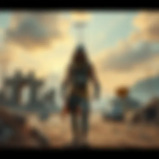 Antenna Man stands in a desolate landscape, wearing tattered clothing and a makeshift antenna on his head, surrounded by ruins and signs of chaos.