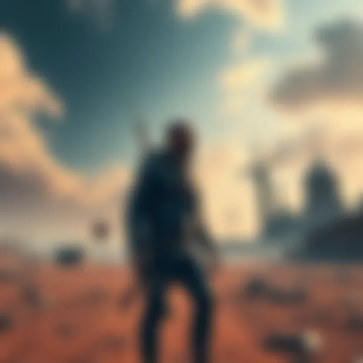 Antenna Man stands in a desolate landscape, surrounded by ruins and signs of extreme religious beliefs, showcasing his unique look and determination.