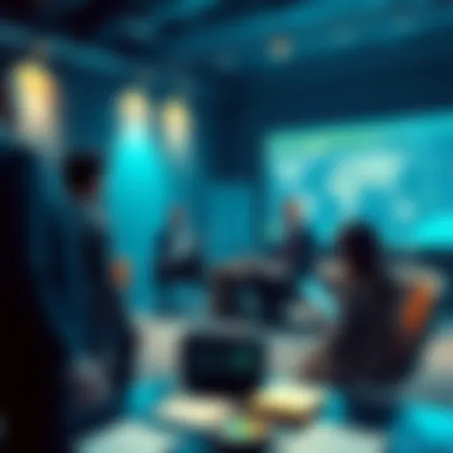 Group of people debating AI pause and competition among tech documents in a meeting room