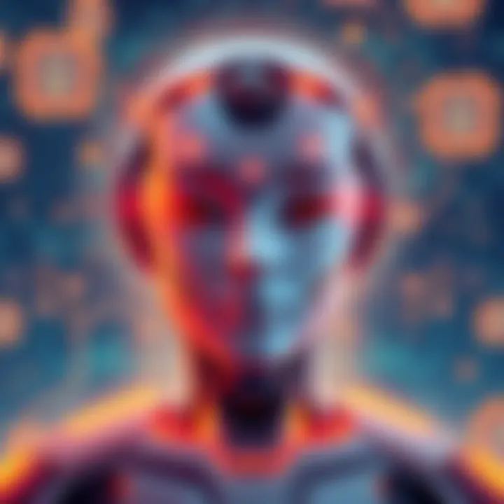 An illustration of a futuristic AI model called Claude Mythos, showcasing advanced technology and security features, surrounded by digital security symbols.