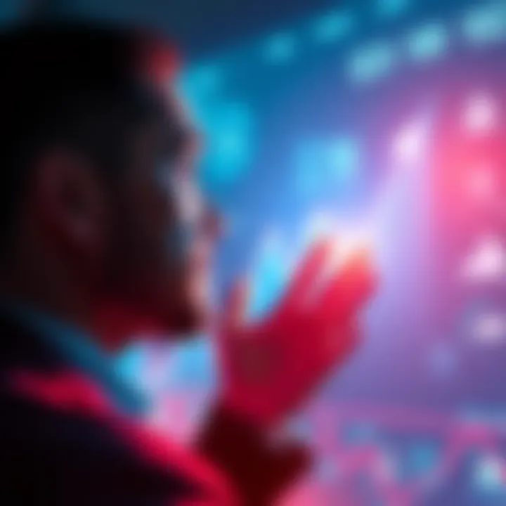 A businessman looking at a digital screen showing rising graphs and AI symbols, symbolizing Anthropic's goal of becoming a $10 trillion company by 2027 while addressing job concerns.