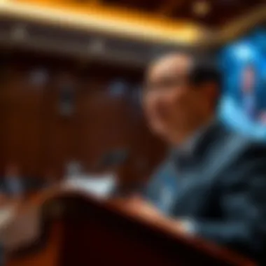 Anthropic CEO speaking at a podium, addressing concerns about AI in cyber warfare and cyberattacks, with a serious expression and an audience in the background.