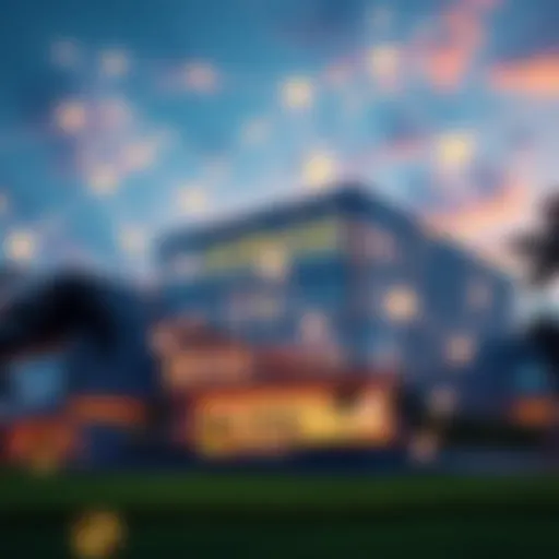 A modern office building representing Anthropic's new location in India, with a focus on technology and innovation, and a graphic of network connections symbolizing collaboration with Mukesh Ambani.