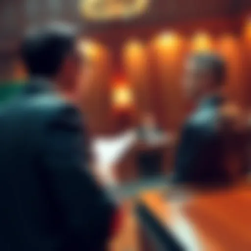 A courtroom scene showing a lawyer representing Anthropic arguing against a government attorney, with a judge observing.