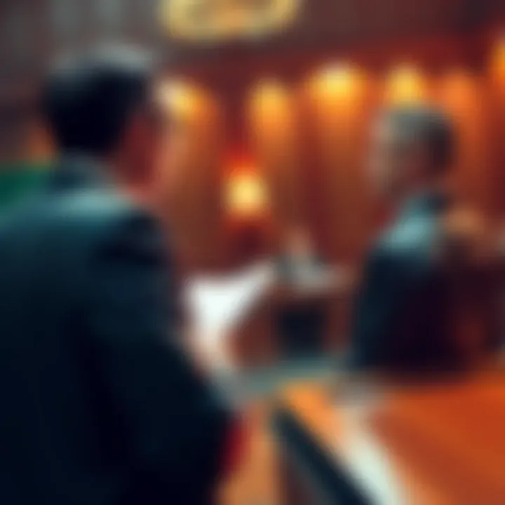 A courtroom scene showing a lawyer representing Anthropic arguing against a government attorney, with a judge observing.