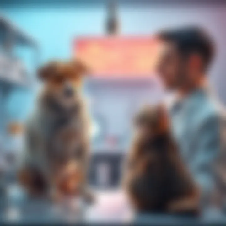 A scientist discussing a groundbreaking cancer treatment with a dog and a cat in a lab setting.