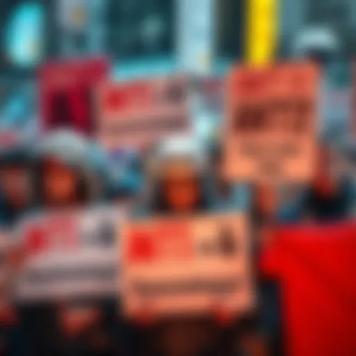 A group of people holding signs opposing AI technology, showcasing their concerns with serious expressions.