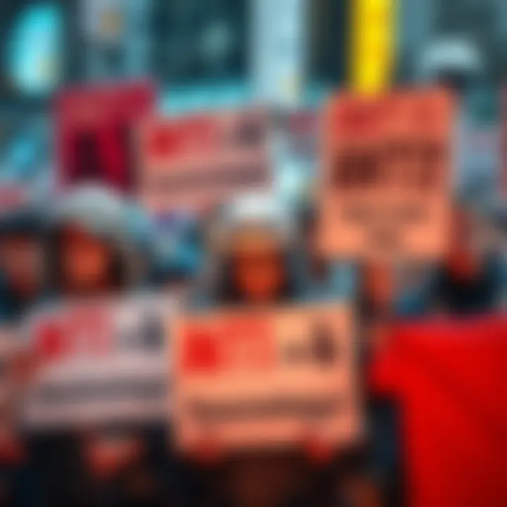 A group of people holding signs opposing AI technology, showcasing their concerns with serious expressions.