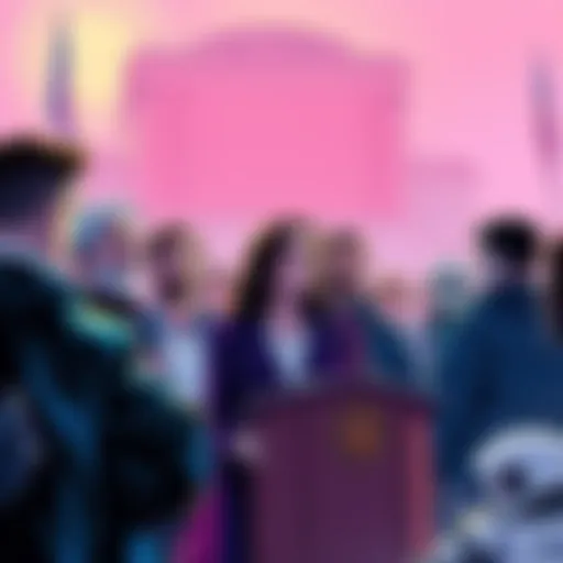 A group of celebrities expressing concern over AI technology, with one at a podium addressing a crowd, while creators look on
