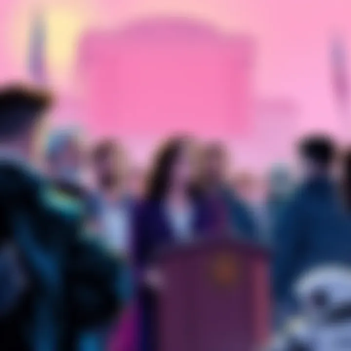 A group of celebrities expressing concern over AI technology, with one at a podium addressing a crowd, while creators look on