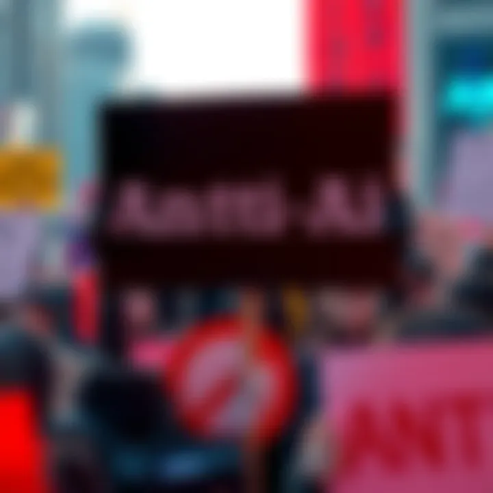 A group of people holding signs against AI technology in a demonstration, reflecting societal concerns about technology and identity.