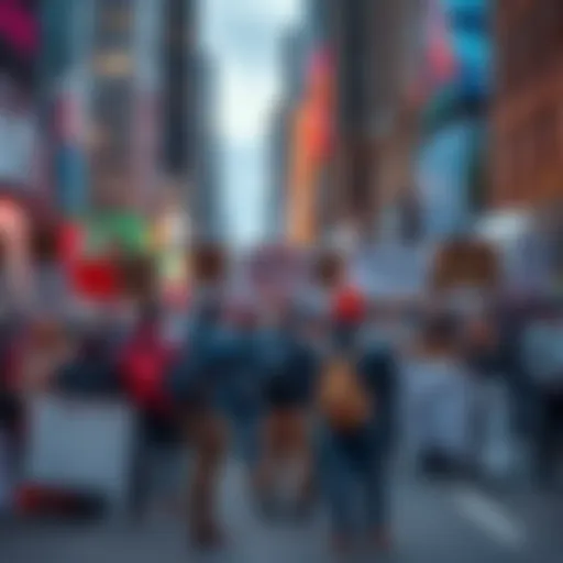 A group of people protesting against AI technology with signs and banners in a city setting.