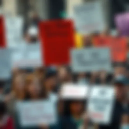 A group of people holding signs opposing various social movements, showcasing diverse opinions and emotions.