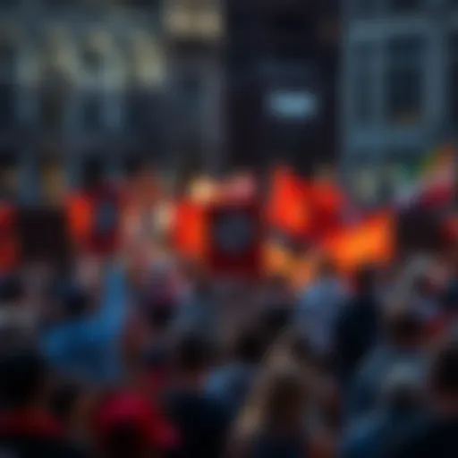 A diverse group of people rallying with signs and banners representing the Anti Movement in a public square.