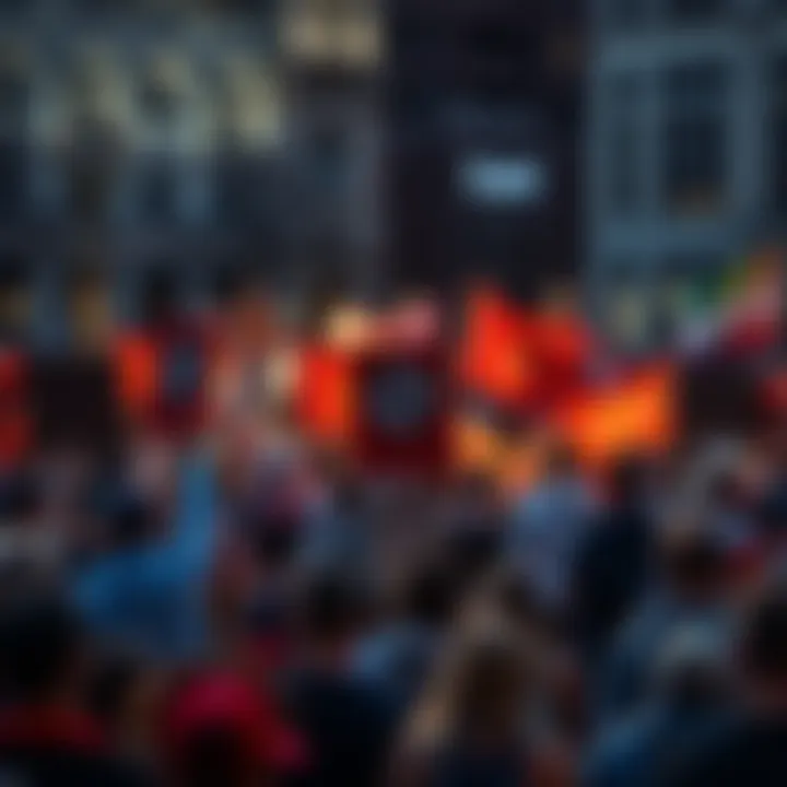 A diverse group of people rallying with signs and banners representing the Anti Movement in a public square.