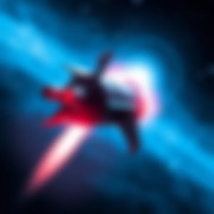 An artist's concept of an antimatter rocket propelling through space with stars in the background.