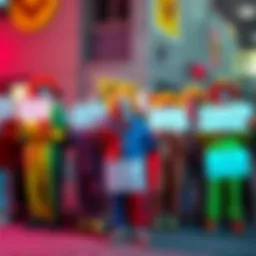 A group of people in colorful clown costumes holding signs with funny messages, showcasing their antics on social media.