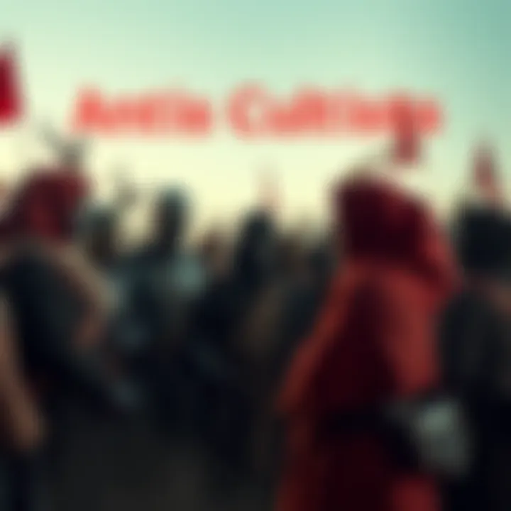 A group of Antis cultists engaged in a serious discussion, showcasing their unique attire and symbols, reflecting their beliefs and motivations.