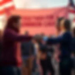 A group of people from opposing sides shaking hands in a show of unity, with a banner in the background that reads 'Together for a Common Cause'.