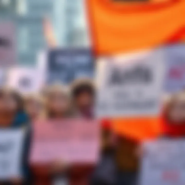 A diverse group of people holding signs and banners, expressing their concerns about AI technology, with serious expressions on their faces.