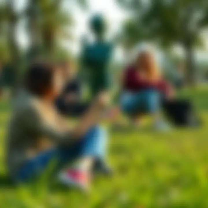 A group of antis enjoying outdoor activities in a park, sitting on the grass and connecting with nature, showcasing happiness and relaxation.