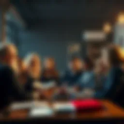 A group of people engaged in a serious discussion about antisemitism, some appearing to challenge each other's opinions, with books and notes on a table, symbolizing a debate on the topic.