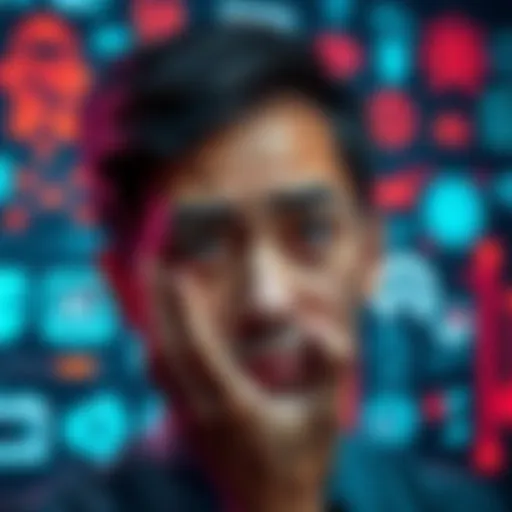 A worried person looking at a computer screen displaying AI icons, illustrating anxiety about technology's impact on jobs and human connection.