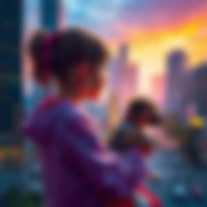 A young girl holds a small puppy while looking out over a cityscape, reflecting her struggle with anxiety in a busy environment.