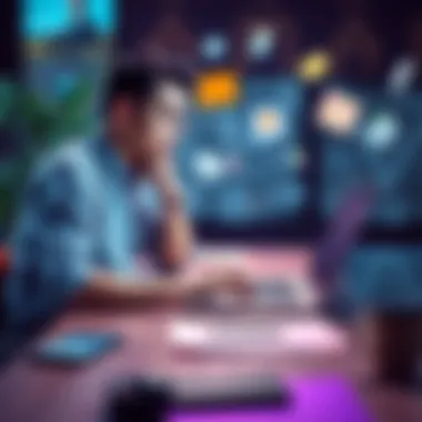 App Development Concept A person thinking about app development with a laptop and brainstorming notes around them, reflecting on the absence of a 4o-like app.