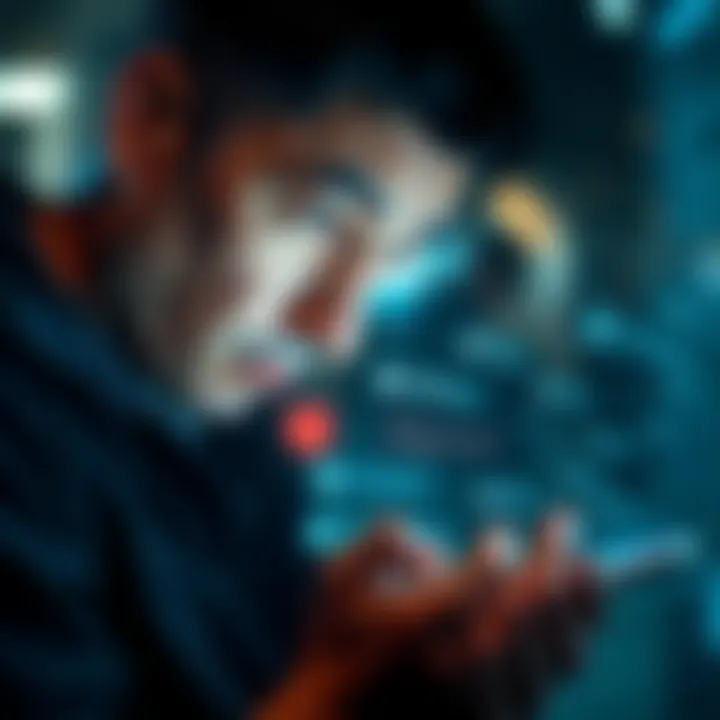 A frustrated person looking at their phone, showing errors on a popular app with chatbots and memory issues appearing on the screen.