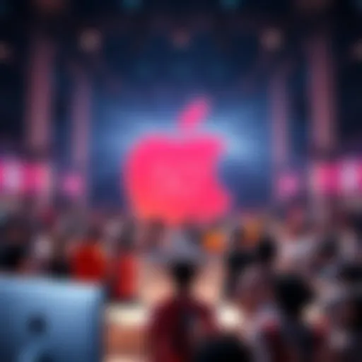 Celebration scene with people enjoying Apple's 50th anniversary event, surrounded by iconic Apple products.