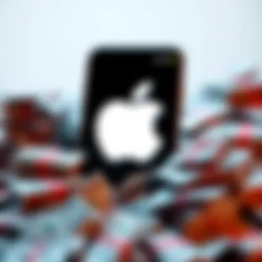 Apple logo alongside an iPhone and piles of cash, symbolizing the $250 million compensation for users