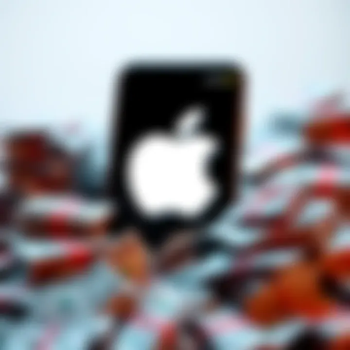 Apple logo alongside an iPhone and piles of cash, symbolizing the $250 million compensation for users